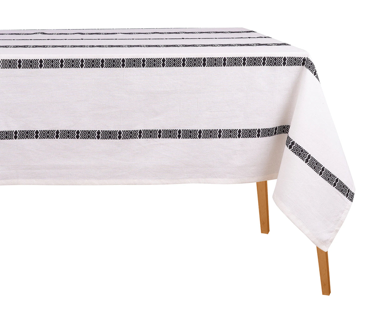 Boho cotton rectangle tablecloth with black and white stripe design