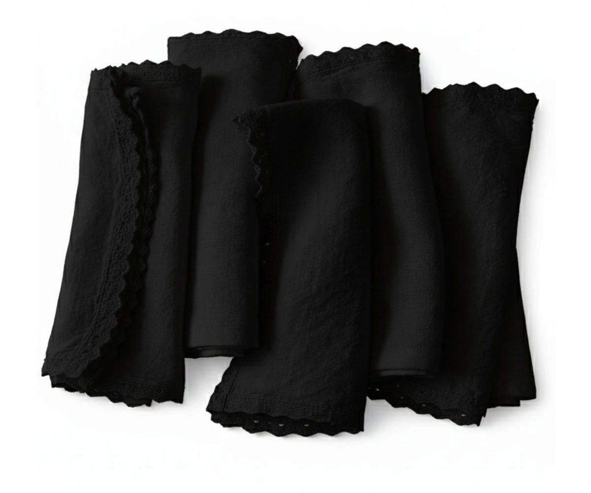 black linen crochet napkins with decorative scallop edge
