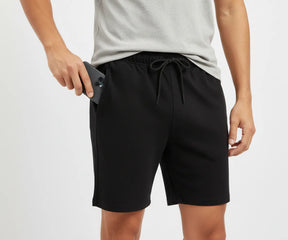 Men’s black cotton shorts with elastic waistband and drawstring, breathable athletic fit casual shorts for gym, beach, and lounging