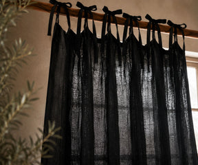 Black Tie Top Linen Curtain Panels crafted from 100% European flax linen for a modern farmhouse living room. Light filtering linen curtains with adjustable tie tops for bedroom and dining room windows
