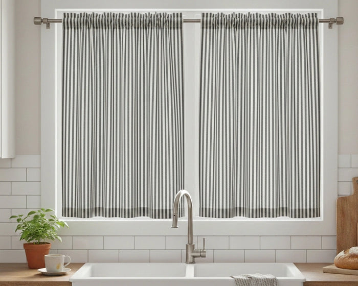 Black striped linen kitchen window curtains, natural woven linen fabric
Farmhouse linen café curtains for kitchen sink windows