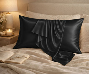 Black Mulberry silk pillowcase set with smooth sateen finish, luxury silk pillow cover for frizz control and skin protection