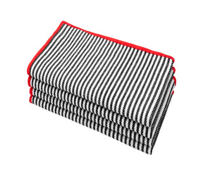 Set of four black striped napkins with red edges 