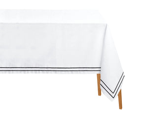 black embroidered tablecloth rectangle crafted from 100% cotton, ideal for weddings, formal dinners, and holiday celebrations.