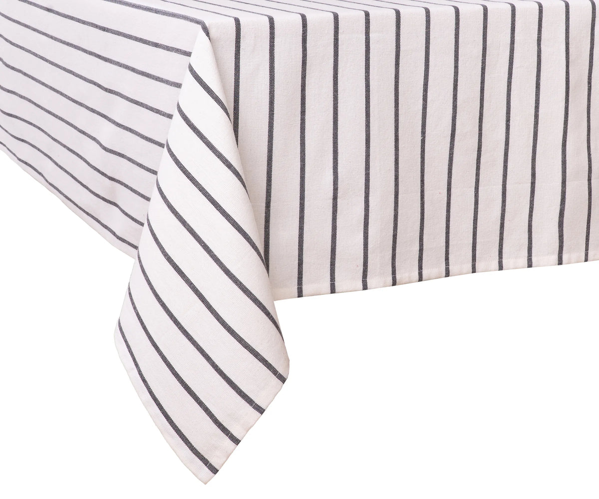 Classic black and white cotton tablecloth with stripes, rectangular shape for everyday dining, parties, or events.