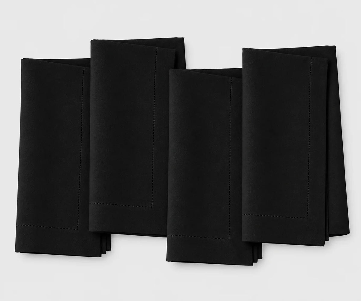 Classic black cotton hemstitch napkins, reusable washable cloth dinner napkins for weddings, restaurants, formal events, and everyday table settings.