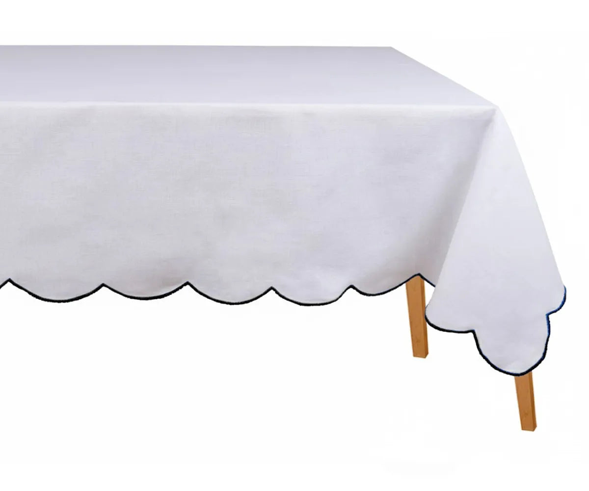 Chic white cotton tablecloth with black scalloped embroidery — modern, minimalist, and durable embroidered table linen perfect for dinner parties or everyday dining décor