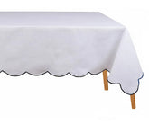 Chic white cotton tablecloth with black scalloped embroidery modern, minimalist, and durable embroidered table linen perfect for dinner parties or everyday dining décor