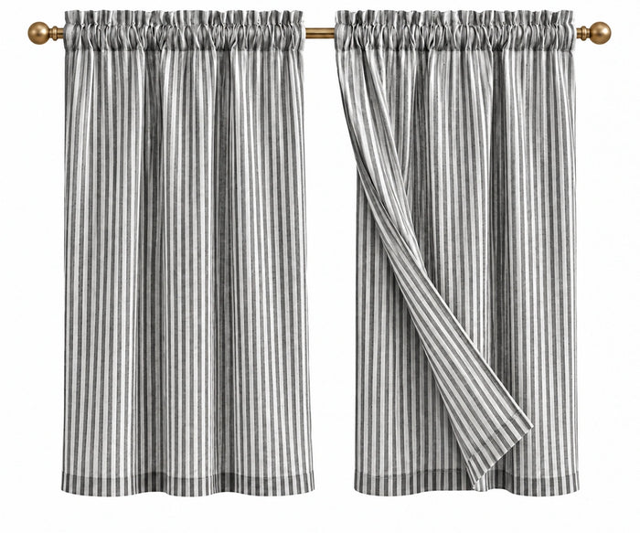 Black striped linen kitchen curtains for windows, 100% linen café curtains set of 2