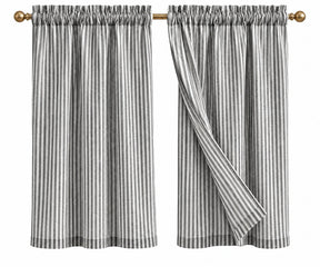 Black striped linen kitchen curtains for windows, 100% linen café curtains set of 2
