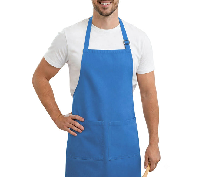 Blue cotton kitchen apron with adjustable neck strap and front pockets