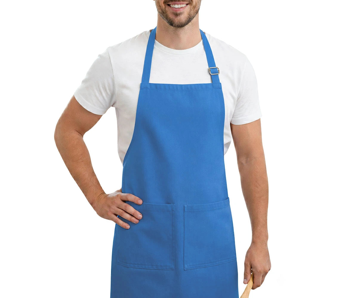 Blue cotton kitchen apron with adjustable neck strap and front pockets