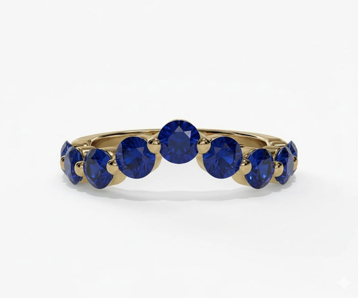 Round cut lab-grown blue sapphire half eternity band ring in white gold