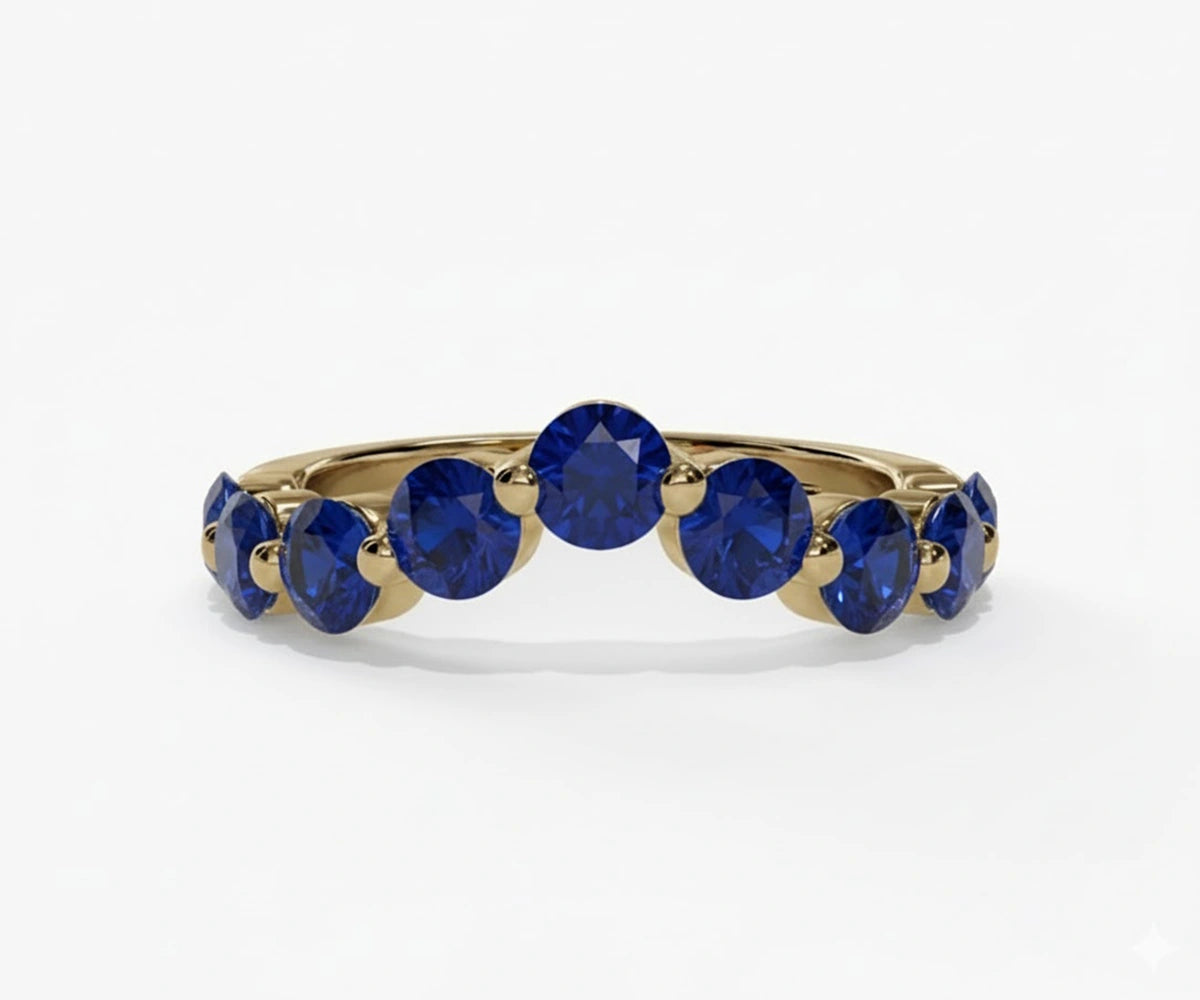 Round cut lab-grown blue sapphire half eternity band ring in white gold