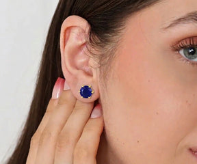 Gold blue stone circle earrings for women with round brilliant cut gemstone, lightweight gold stud earrings perfect for daily wear and gifting