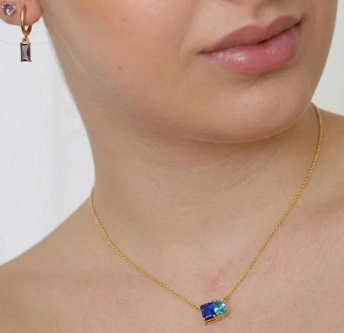 Dainty gold necklace with pear cut blue tourmaline, adjustable chain gemstone pendant jewelry for women
