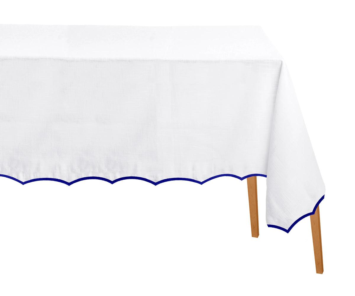 Blue and white cloth tablecloth with scalloped edge design, ideal for banquets, family gatherings, and formal dining.