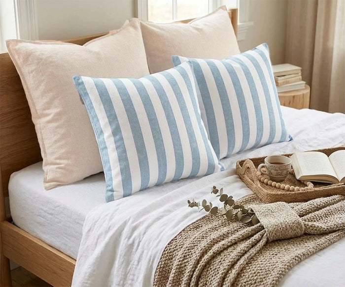 Blue striped decorative pillow cover cotton linen cushion cover for couch, modern living room, coastal style blue and white striped throw pillow cover for sofa décor