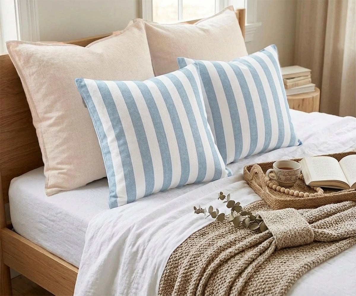 Blue striped decorative pillow cover cotton linen cushion cover for couch, modern living room, coastal style blue and white striped throw pillow cover for sofa décor