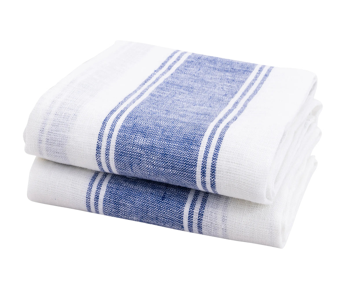 Set of 2 blue striped linen kitchen towels, 18x28 inches – absorbent quick-dry dish towels for farmhouse and modern kitchens.