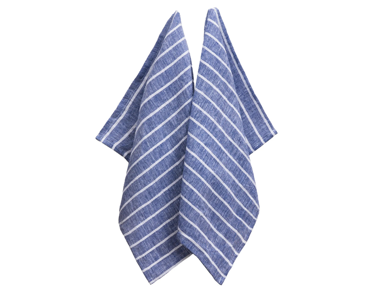 Blue ladder stripe linen hand towels, soft and durable 18x28 dish cloth set – eco-friendly tea towels for everyday use.