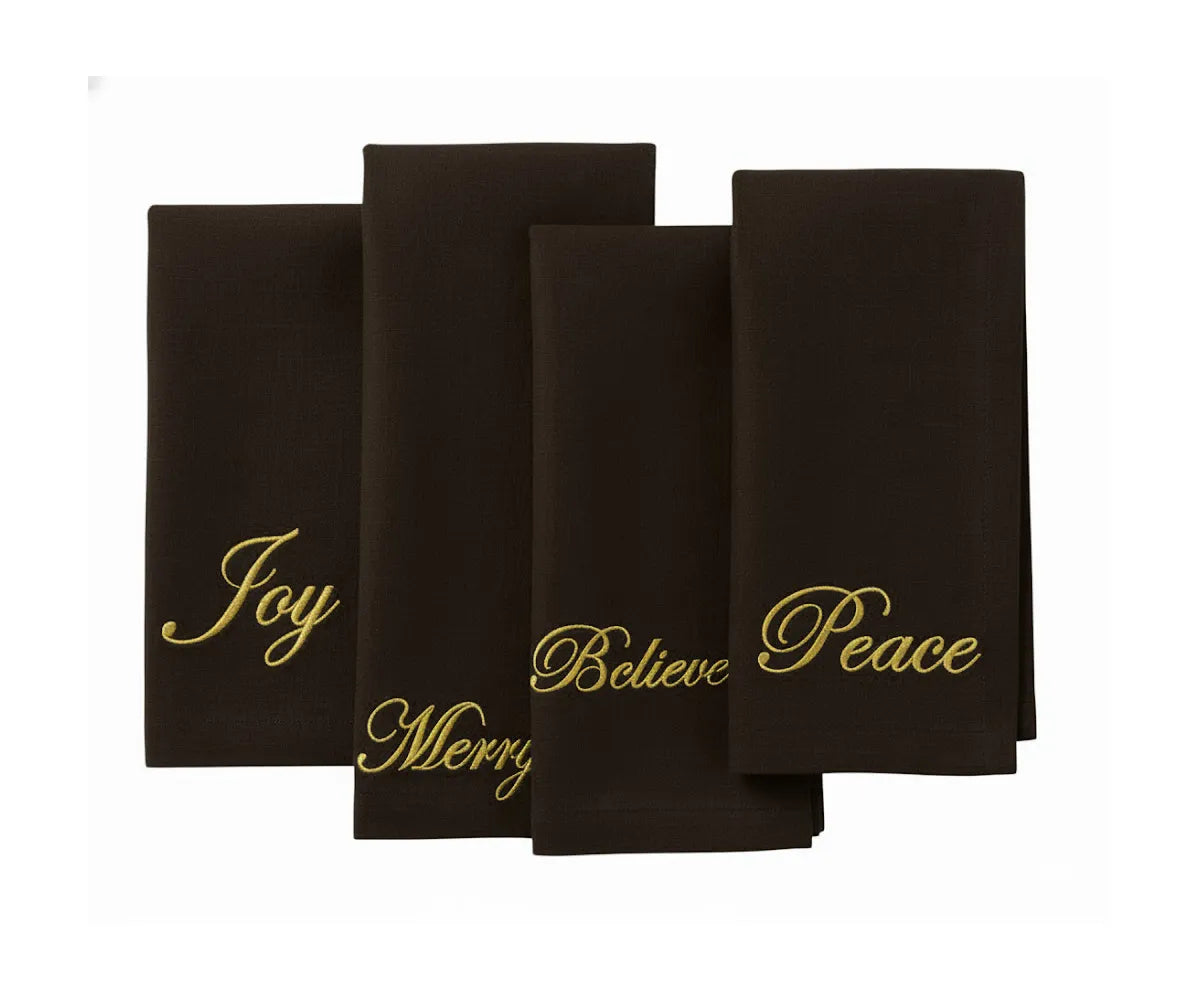 Set of embroidered holiday napkins with festive words Joy, Merry, Peace, and Believe, made from 100% cotton for Christmas dining and seasonal gatherings