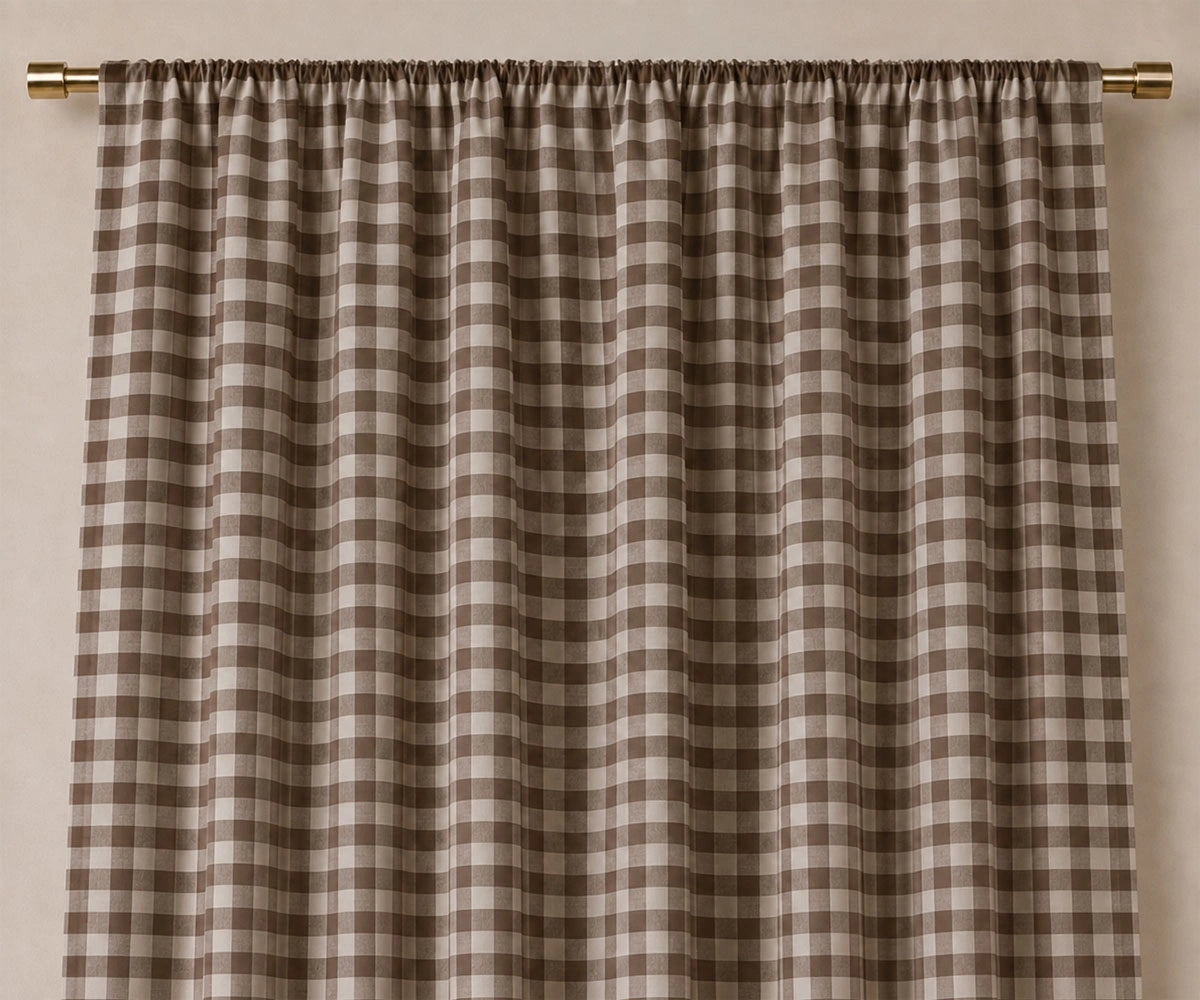 Brown buffalo plaid curtains in 100% cotton, ideal farmhouse window panels for rustic living room décor.
Cozy buffalo check drapes for bedroom, kitchen, dining room, country, and cottage-style homes.