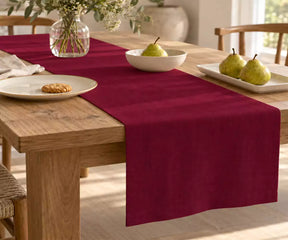 Burgundy linen table runner with rich deep red tone for stylish dining and seasonal table settings