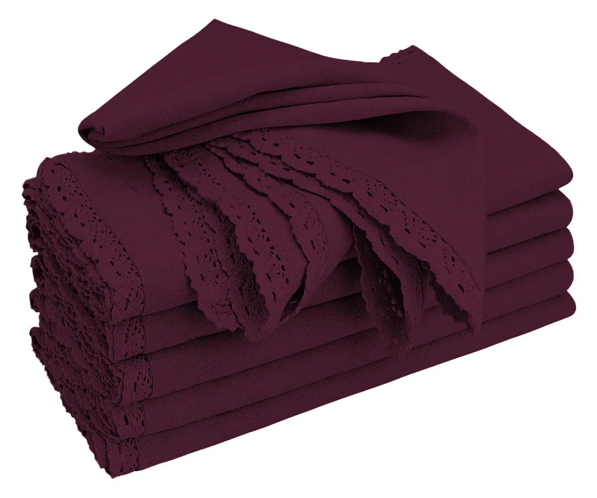 Burgundy lace trimmed cotton dinner napkins set for weddings and events