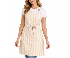 Beige and white striped cotton apron with waist tie