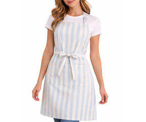 Blue and white striped cotton apron worn by model