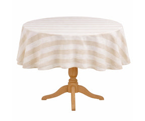 Round striped tablecloth in beige and white for dining table decor