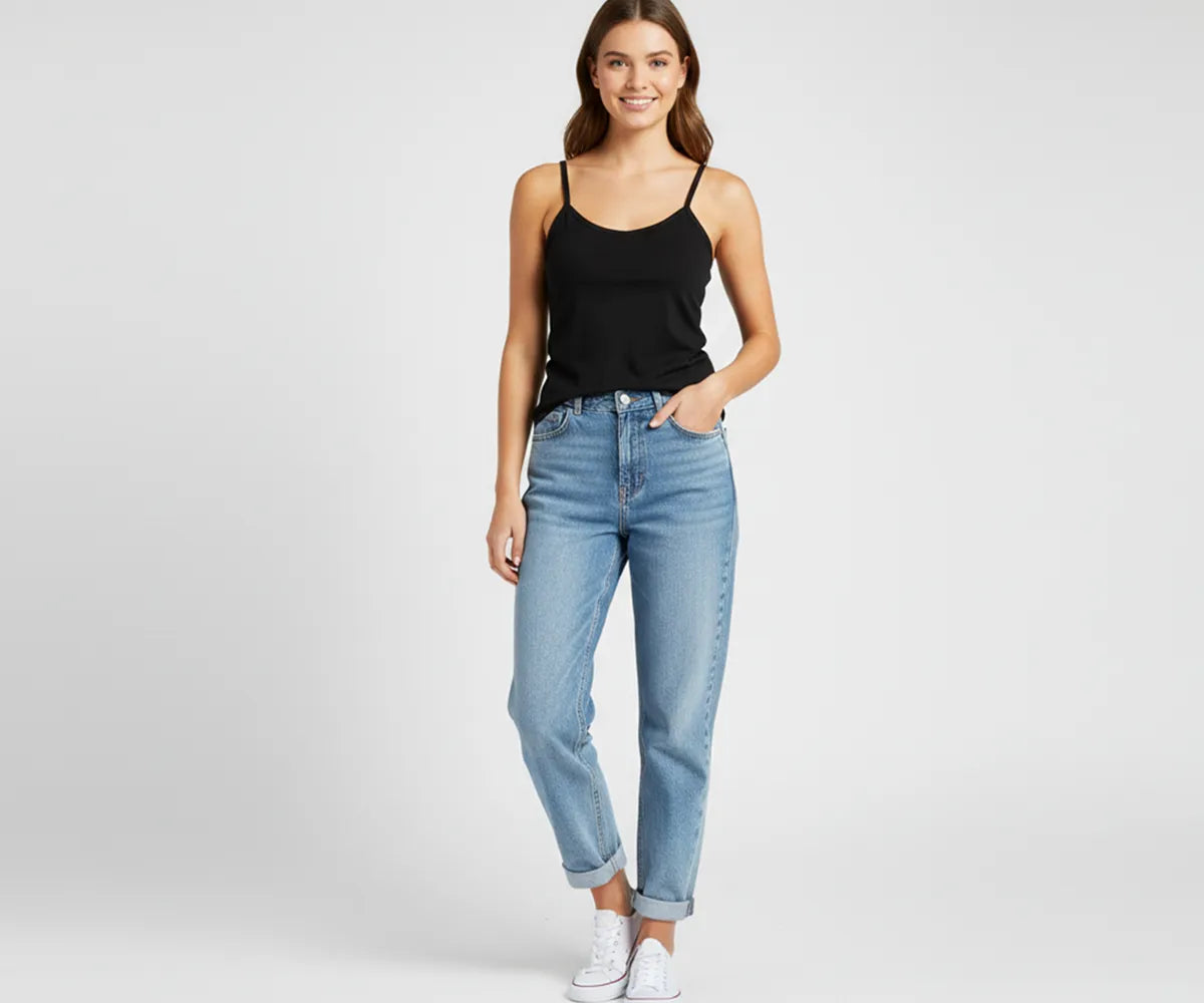 Soft breathable black camisole for women, versatile layering cotton top