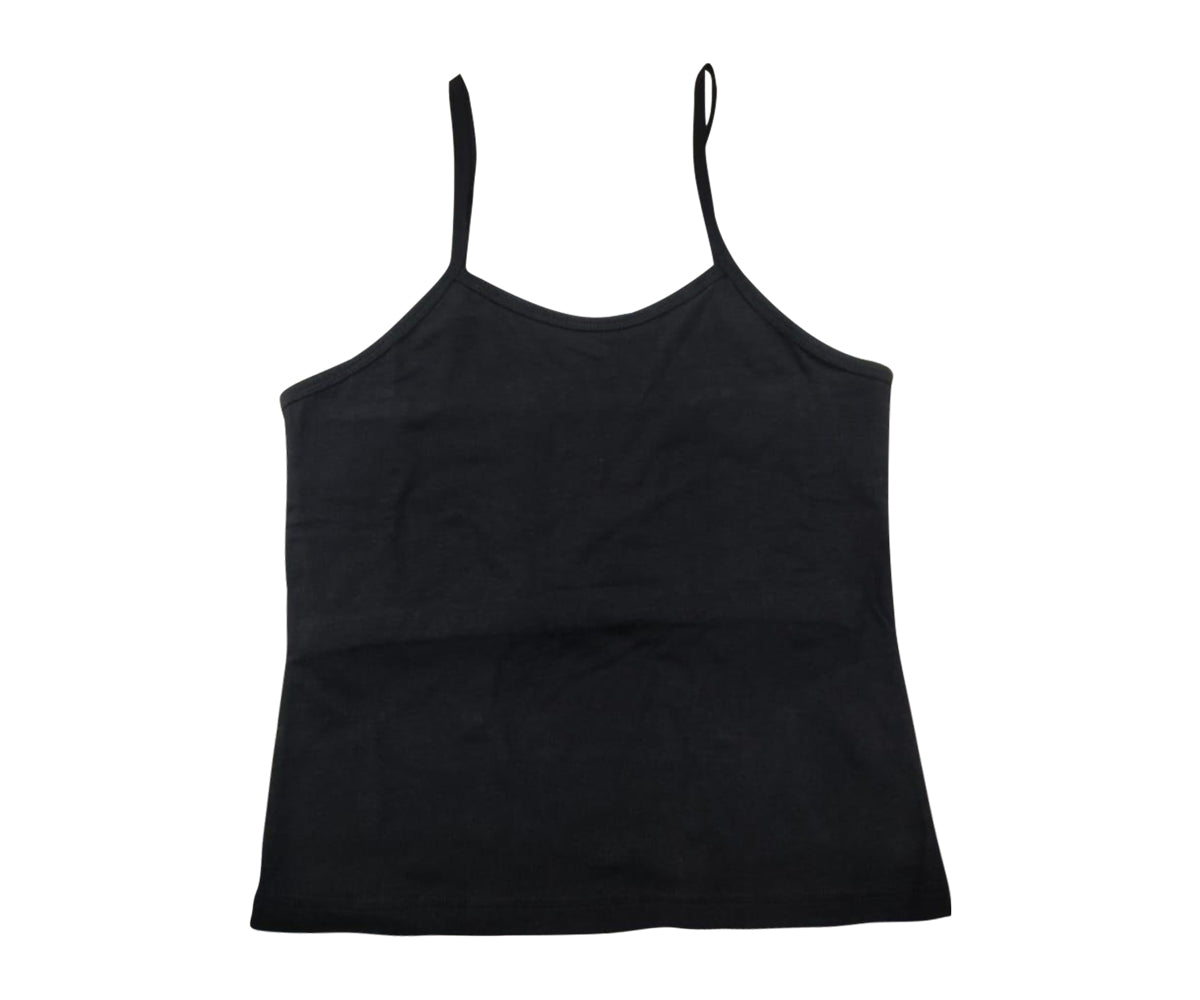 Black camisole top with thin straps on a white background