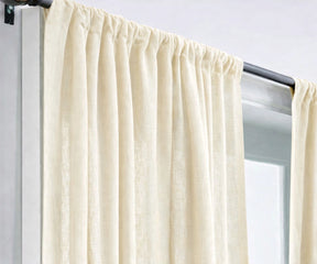 Elegant cream linen window curtains offering light diffusion and privacy, ideal for neutral living room décor, farmhouse style, and timeless interiors.