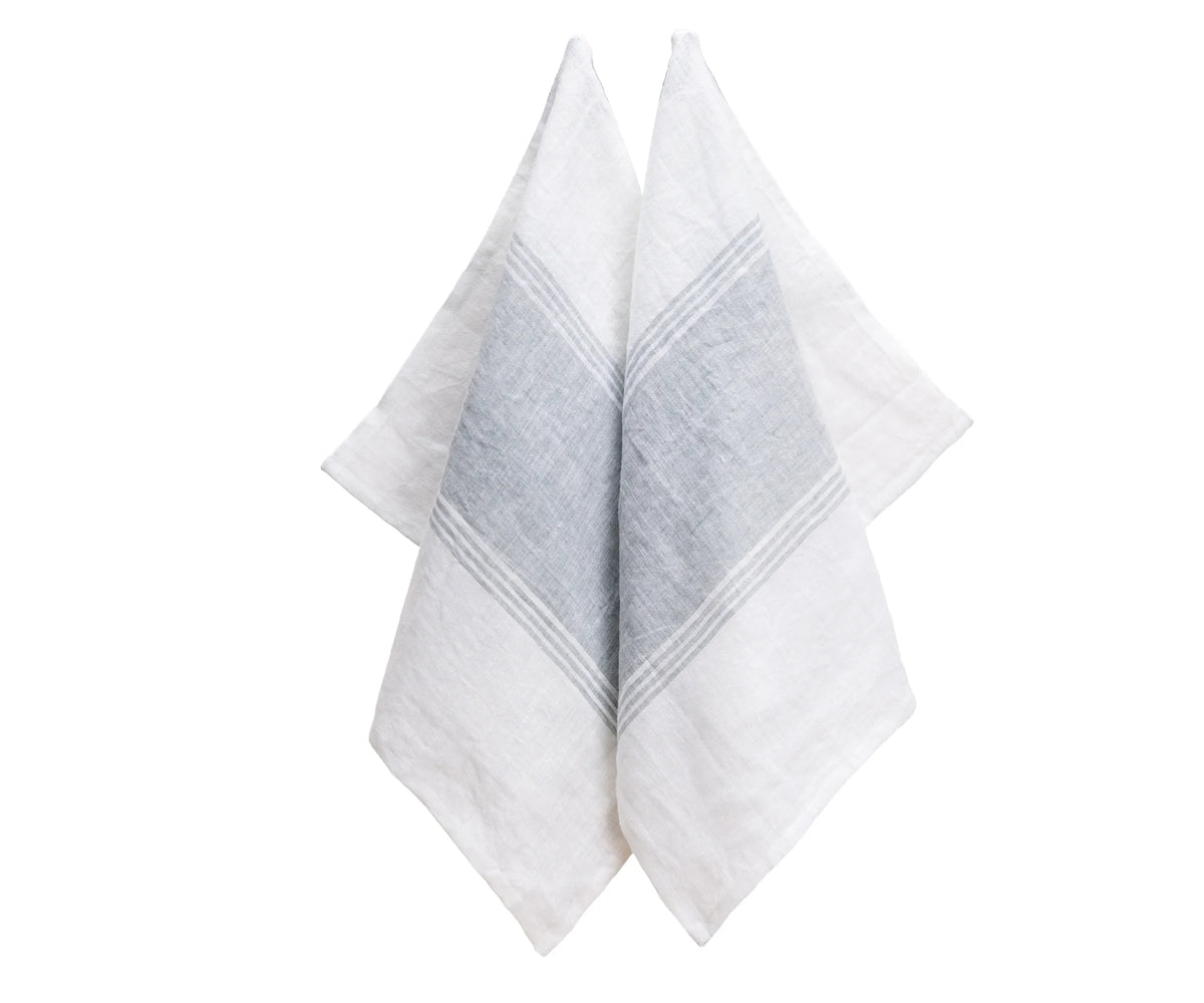 Set of 2 Grey and White Striped Linen Dish Towels – Soft, Absorbent 100% Linen Kitchen Towels 18x28 Inches