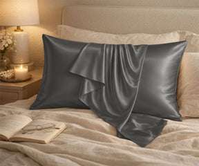 Charcoal gray silk pillowcase set crafted from pure Mulberry silk, smooth pillow cover for reducing hair breakage and sleep lines