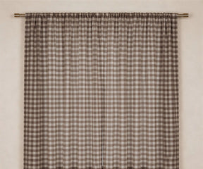 Cotton brown and white buffalo plaid curtains for farmhouse kitchen and dining room windows, Brown gingham cotton curtain panel