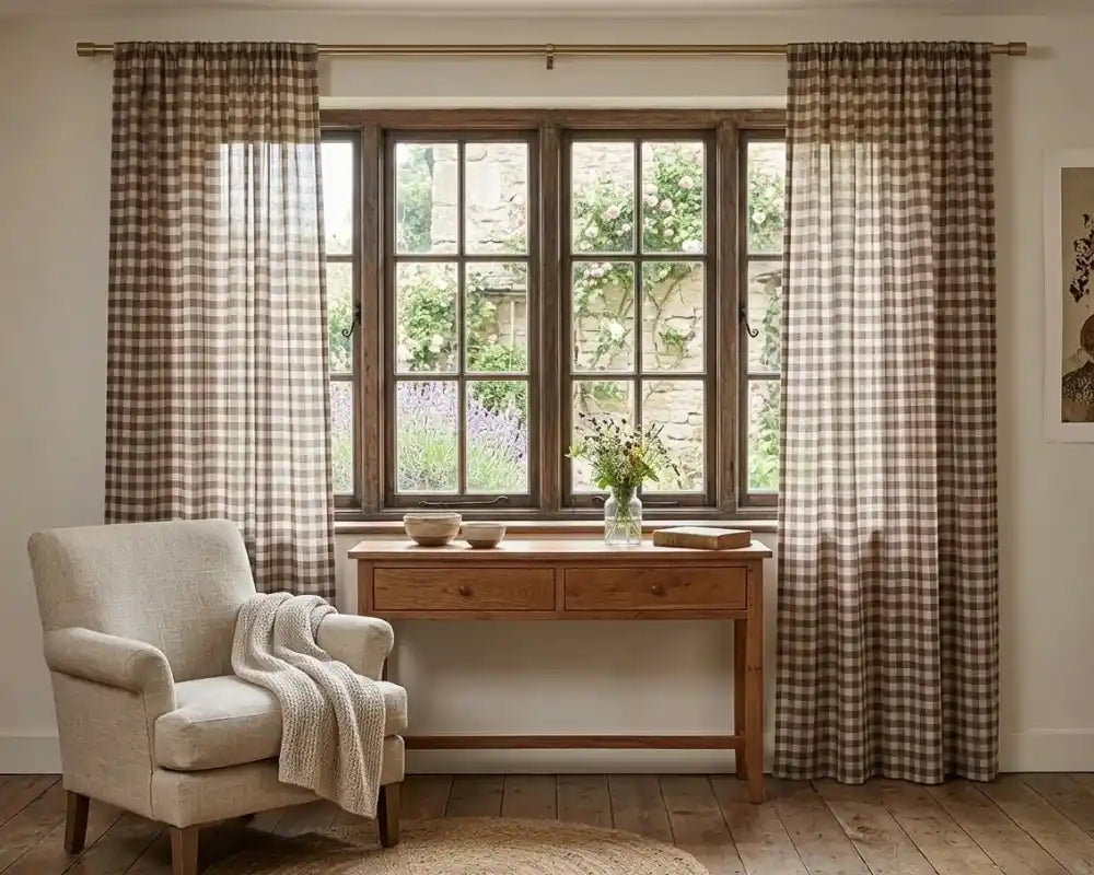 brown gingham window curtains with soft cotton fabric, featuring a light checkered pattern perfect for farmhouse kitchen and living room decor
