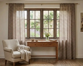 brown gingham window curtains with soft cotton fabric, featuring a light checkered pattern perfect for farmhouse kitchen and living room decor
