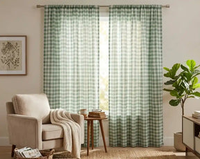 Green gingham window curtains with soft cotton fabric, featuring a light checkered pattern perfect for farmhouse kitchen and living room decor