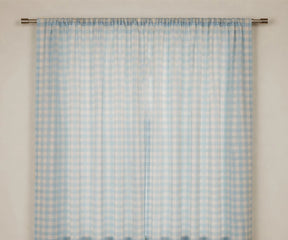Blue and white buffalo check curtains for farmhouse living room window décor in soft cotton fabric, Light blue gingham window curtain