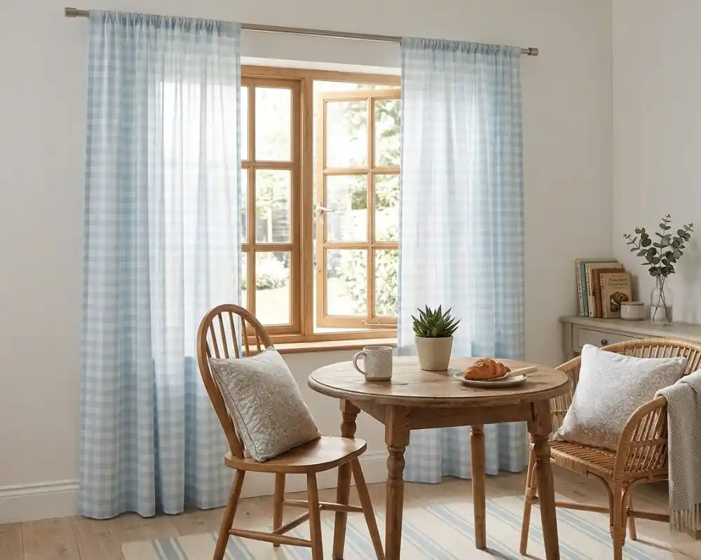 Blue gingham curtains with classic check pattern, lightweight cotton window panels ideal for farmhouse and coastal home decor