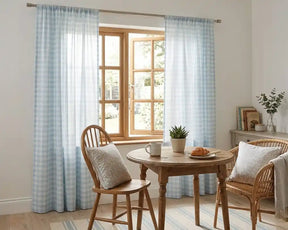 Blue gingham curtains with classic check pattern, lightweight cotton window panels ideal for farmhouse and coastal home decor