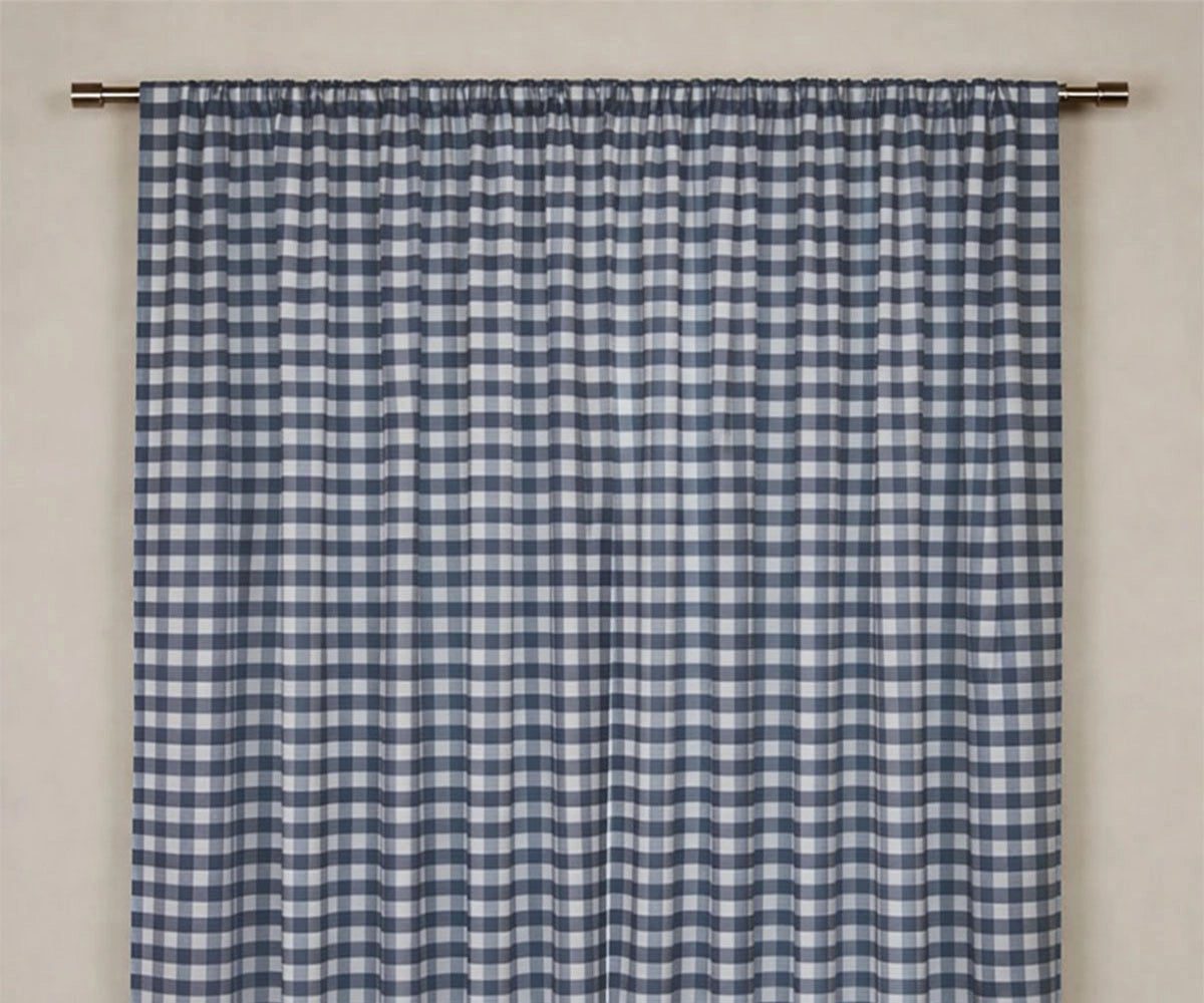 Navy blue gingham curtain panel