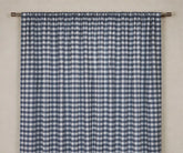 Navy blue buffalo check curtains for modern farmhouse living room window décor, Navy blue gingham curtain panel