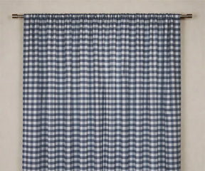 Navy blue buffalo check curtains for modern farmhouse living room window décor, Navy blue gingham curtain panel