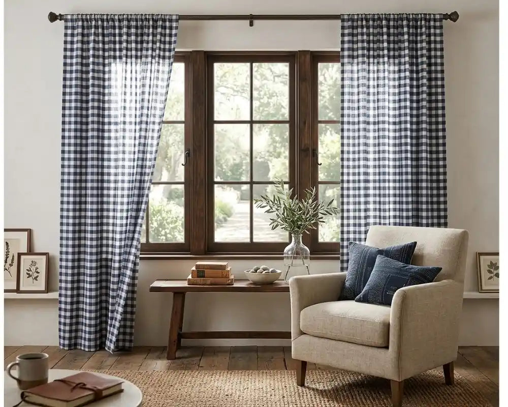 Navy Blue gingham window curtains with soft cotton fabric, featuring a light checkered pattern perfect for farmhouse kitchen and living room decor