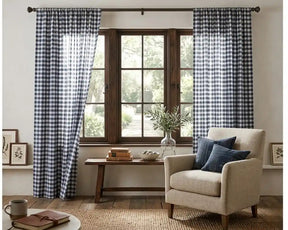 Navy Blue gingham window curtains with soft cotton fabric, featuring a light checkered pattern perfect for farmhouse kitchen and living room decor