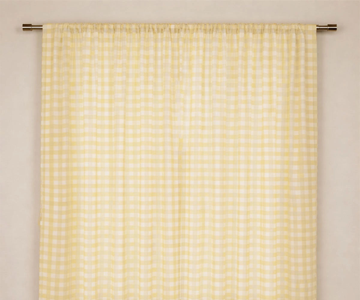 Yellow check farmhouse curtain, Yellow and white buffalo check curtains for bright farmhouse kitchen window décor